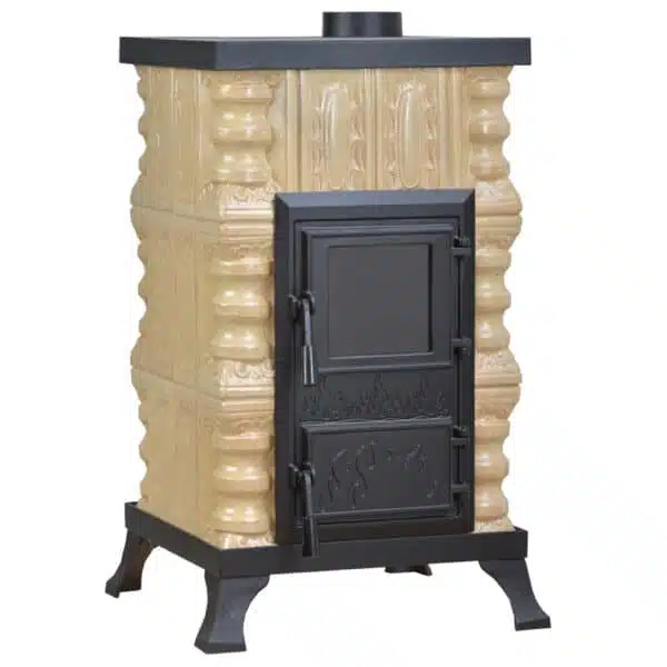 Sobă teracotă Junor CremRustic 3R, Sobă din teracotă pe lemne cu plită și ușă focar sticlă, 6kW - imagine 3