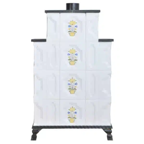 Sobă teracotă Lucifer Alb/Flori 4 rânduri, Sobă din teracotă cu ușă sticlă, 12kW - imagine 8