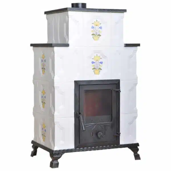 Sobă teracotă Lucifer Alb/Flori 4 rânduri, Sobă din teracotă cu ușă sticlă, 12kW - imagine 4