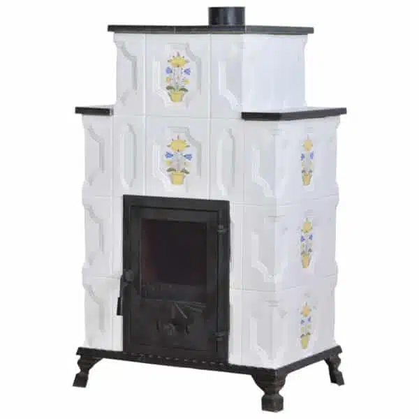 Sobă teracotă Lucifer Alb/Flori 4 rânduri, Sobă din teracotă cu ușă sticlă, 12kW - imagine 5