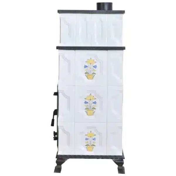 Sobă teracotă Lucifer Alb/Flori 4 rânduri, Sobă din teracotă cu ușă sticlă, 12kW - imagine 7