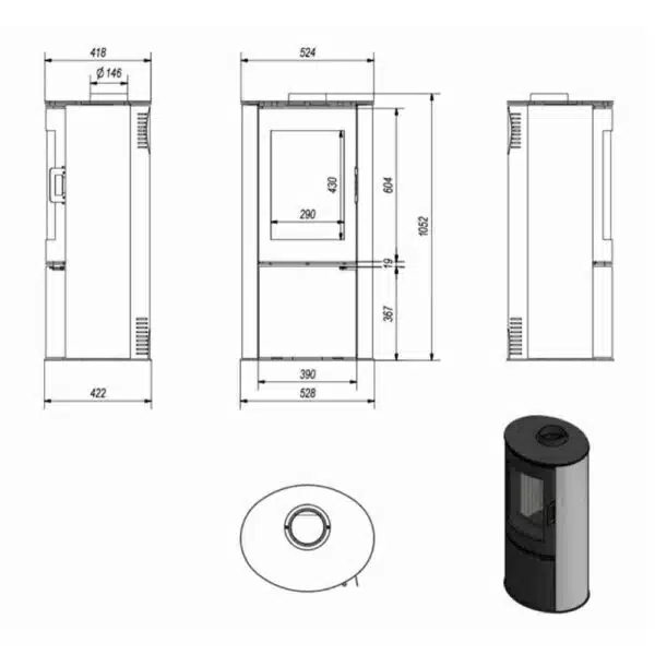 Șemineu Aura pe lemne, 8kW-10.5kW Oțel+Șamotă - imagine 6